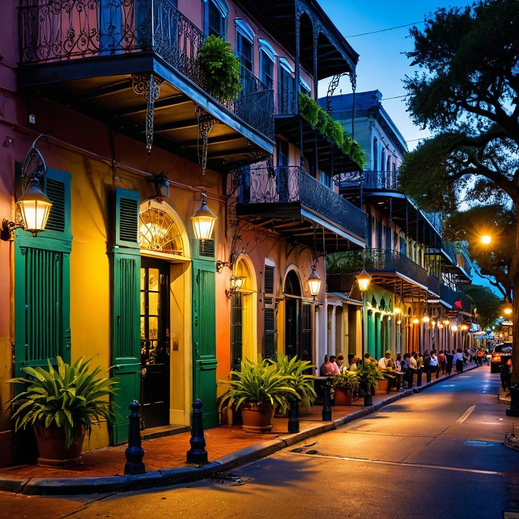 A vibrant and atmospheric depiction of a lively New Orleans street filled with colorful, inviting sex-positive spaces. Highlight intimate cafes and art galleries, accented by soft, warm lighting and lush plants. Include diverse people enjoying the lively atmosphere, celebrating togetherness and openness. Capture an essence of adventure and sensuality through rich colors and playful elements. super-realistic. vibrant colors. atmospheric lighting.